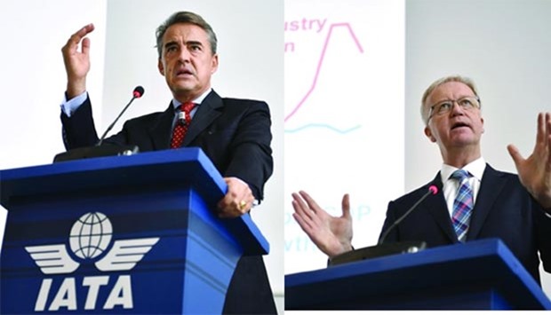 IATA director general and CEO Alexandre de Juniac (left) and chief economist Brian Pearce address the IATA global media day  in Geneva on Thursday.