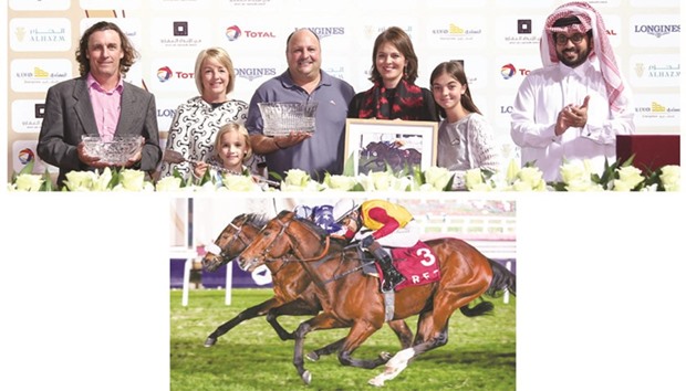Dutch ambassador Dr Bahia Tahzib-Lie (third from right) and Qatar Racing and Equestrian Club (QREC) general manager Nasser Sherida al-Kaabi (right) with the winners of the Al Wajba Cup after Hakeem won the 1200m race for Thoroughbreds at the QREC yesterday.    BOTTOM PHOTO: Richard Mullen (background, in blue) rides Hakeem to victory in the Al Wajba Cup ahead of Perfect Storm, ridden by Saleem Golam (foreground), at the QREC yesterday. PICTURES: Juhaim