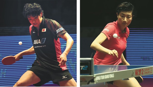 Japanu2019s Yuto Maramatsu goes for a forehand against Belarusian Vladimir Samsonov in the ITTF World Tour Grand Finals in Doha yesterday. At right, womenu2019s top seed Ding Ning of China in action against Hong Kongu2019s Lee Ho Ching. PICTURES: Noushad Thekkayil