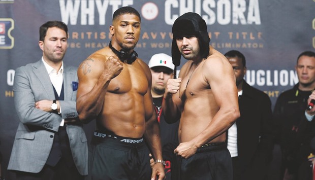 Anthony Joshua (left) and Eric Molina during the weigh-in ahead of tonight's fight. (Reuters)