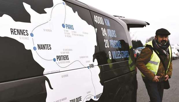 This picture taken this week at the Reau-Sud Francilien prison in Reau, shows a map of France on the side of a vehicle, pointing out the prisons where members of the u2018Artisans de la paixu2019 (peacemakers) movement will visit during a march to protest against the status of Basque detainees.