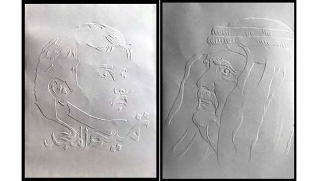 The portrait of His Highness the Emir Sheikh Tamim bin Hamad al-Thani. Right: The portrait of His Highness the Father Emir Hamad bin Khalifa al-Thani.