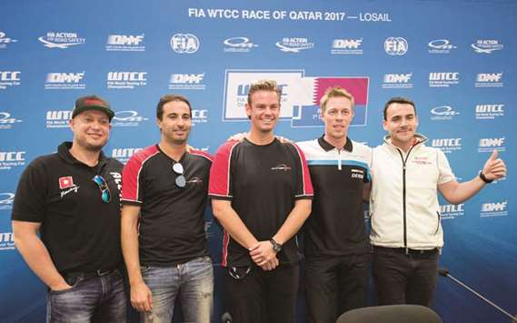 (From left) Rob Huff of Munnich Motorsport, Sebastien Loeb Racing teammates Mehdi Bennani and Tom Chilton, Polestar Cyan Racingu2019s Thed Bjork and Norbert Michelisz of Honda pose ahead of the Qatar round of the World Touring Car Championship title at the Losail International Circuit yesterday.