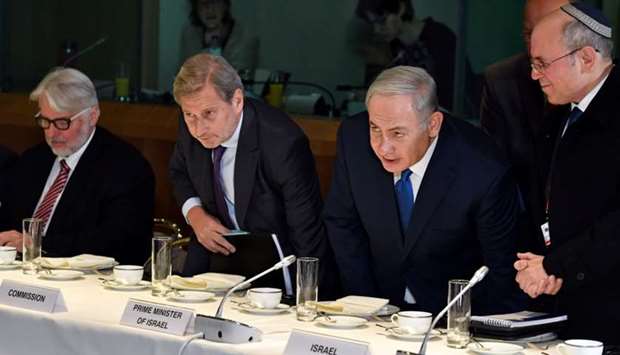 Israel's Prime Minister Benjamin Netanyahu attends a meeting with European Union foreign ministers in Brussels, Belgium