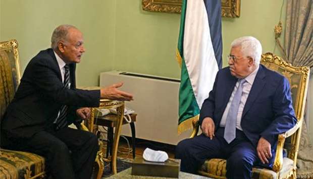 Arab League Secretary General Ahmed Aboul Gheit meets Palestine President Mahmoud Abbas in Cairo on Monday.