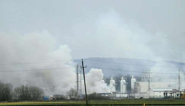 Smoke rising from Austria's main gas pipeline hub at Baumgarten, Eastern Vienna, after an explosion rocked the site.