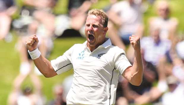 New Zealandu2019s Neil Wagner celebrates claiming West Indiesu2019 Kraigg Braithwaiteu2019s wicket at the Basin Reserve in Wellington yesterday.