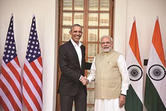 Prime Minister Narendra Modi meets former US president Barack Obama, in New Delhi, yesterday.