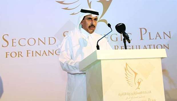 HE the QCB Governor Sheikh Abdulla bin Saoud al-Thani speaks on the five-pronged second strategic plan (SSP) in Doha on Tuesday. Picture: Thajuddin