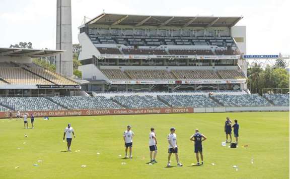 This file photo taken on October 26, 2013 shows members of the England Ashes Test cricket team participating in a light training session at the WACA Ground in Perth. The WACA ground, where the third Ashes Test will be played from December 14, has been described as ramshackle, frozen in time, evocative and a veritable graveyard for visiting teams.