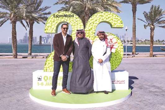 Qatar ExxonMobil Open Tournament Director Karim Alami, Vice-President and Director of Government and Public Affairs for ExxonMobil Qatar Saleh al-Mana and Secretary-General of QTF Tareq Zainal pose during the launch of the promotional activities at MIA Park yesterday.
