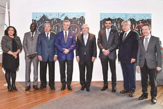 QOC president HE Joaan bin Hamad al-Thani (third from right) with IOC president Thomas Bach (fourth from right) and other board members of the Olympic Refugee Foundation.