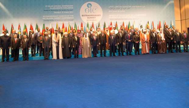 His Highness the Emir Sheikh Tamim bin Hamad Al-Thani with other heads of states, ministers and dignitaries at the opening session of the Organisation of the Islamic Cooperation Summit at Istanbul.