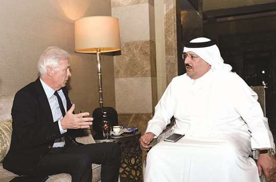 Qatar-Germany Association managing director Jurgen Hogrefe (left) during the interview in Doha with Faisal Abdulhameed al-Mudahka, Gulf Times Editor-in-Chief.