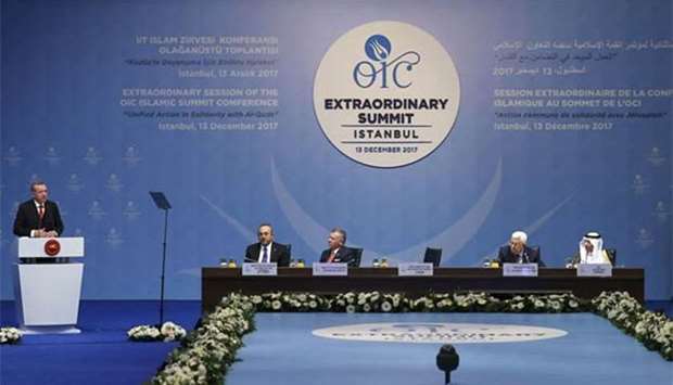 Turkish President Tayyip Erdogan delivers the opening speech during an Extraordinary Summit of the Organisation of Islamic Cooperation in Istanbul on Wednesday.
