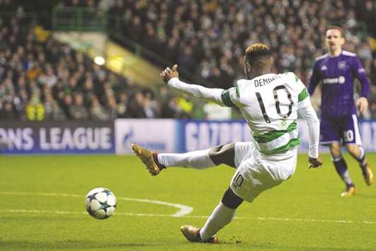 Celtic striker Moussa Dembele in action during the UEFA Champions League Group B match against Anderlecht at Celtic Park stadium in Glasgow, Scotland on December 5. (AFP)