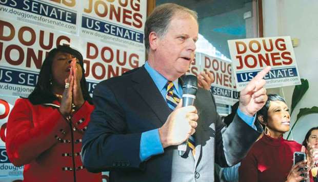 This file photo taken on December 10, 2017 shows Democratic Senatorial candidate Doug Jones (centre) speaking with US Congresswoman Terri Sewell (left) at his campaign headquarters in Birmingham, Alabama. Democrat Doug Jones scored a stunning upset victory on December 12, 2017 in an intense US Senate race in conservative Alabama, dealing a humiliating blow to President Donald Trump whose chosen candidate failed to overcome damaging accusations of sexual misconduct. The Democratic win, a political earthquake in the most contentious US election of 2017 and in one of the reddest of Deep South US states, is a stinging blow to the president, who gave his full endorsement to Republican Roy Moore after initial hesitations, despite the serious allegations against him.