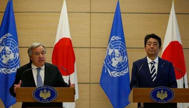 UN Secretary-General Antonio Guterres (left) and Japan's Prime Minister Shinzo Abe attend a joint news conference in Tokyo on Thursday.