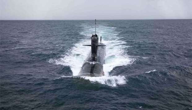 The INS Kalvari Scorpene-class submarine sails during a sea trial in waters off Mumbai in September last year.