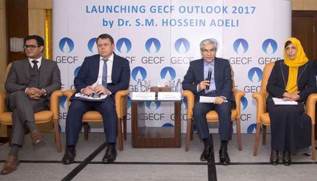 Dr Adeli (second right) with GECF experts making a presentation on u2018GECF Global Gas Outlook 2017u2019 at the Tornado Tower in Doha. PICTURE: Noushad Thekkayil