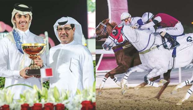 Qatar Racing and Equestrian Club (QREC) deputy chief steward Abdulla Rashid al-Kubaisi (right) presents the owneru2019s trophy to Khalifa bin Sheail al-Kuwari after Astley Hall won the Muraikh Cup at the QREC yesterday.  RIGHT PHOTO: JP Guillambert (left) rides Astley Hall to victory ahead of My Sharona, ridden by Harry Bentley, in the Muraikh Cup yesterday.  PICTURES: Juhaim