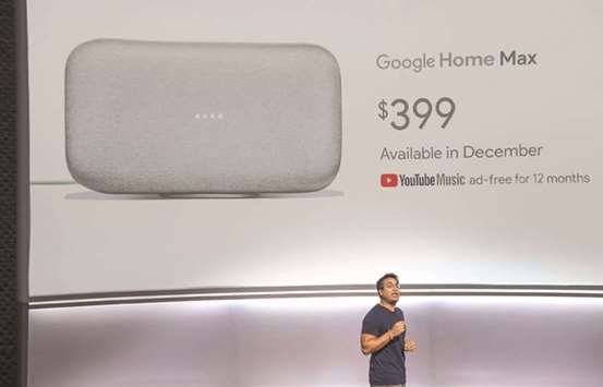 Rishi Chandra, senior product manager of Google, speaks about the Google Home Max voice speaker during a product launch event in San Francisco on October 4. The Home Max is a traditional speaker design u2014 it resembles the Sonos Play 5 model u2014 and wouldnu2019t look out of place in a media room. The sound quality is impressive. So is its ability to pick up a useru2019s voice even when the volume is cranked to 90% of capacity.