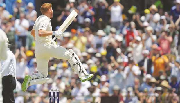 Englandu2019s Jonny Bairstow celebrates reaching his century on day two of the third Ashes Test match in Perth yesterday.
