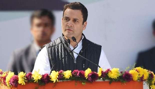 Newly elected President of the Indian National Congress party Rahul Gandhi speaks during a ceremony