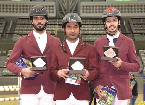 Big Tour winner Awad al-Qahtani (C) with second-placed Yousuf al-Rumaihi and third placed Hamad Nasser al-Qadi.