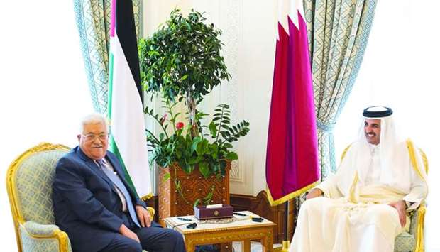 His Highness the Emir Sheikh Tamim bin Hamad al-Thani and the President of Palestine Mahmoud Abbas hold discussions at the Emiri Diwan.