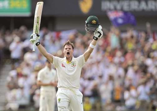 Australiau2019s captain Steve Smith celebrates his double century in the Perth Test.