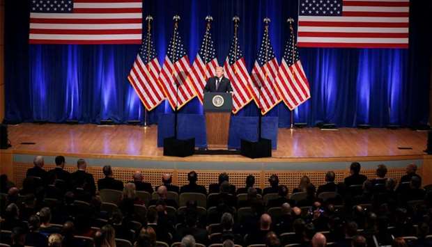 US President Donald Trump delivers remarks regarding the Administration's National Security Strategy at the Ronald Reagan Building and International Trade Center in Washington