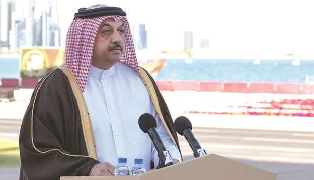 HE the Deputy Prime Minister and Minister of State for Defence Affairs Dr Khalid bin Mohamed al-Attiyah addressing the gathering during the National Day parade yesterday.
