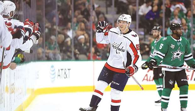 Andre Burakovsky of the Washington Capitals celebrates a goal in the first period of the NHL game against the Dallas Stars at American Airlines Center in Dallas, Texas, on Tuesday. (AFP)
