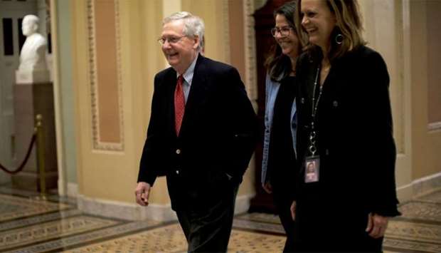 US Senate Majority Leader McConnell walks to the Senate floor as debate wraps up over the Republican tax reform plan in Washington
