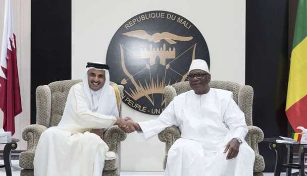His Highness the Emir Sheikh Tamim bin Hamad al-Thani being received by President of Mali Ibrahim Boubacar Keu00efta ahead of their talks at the Presidential Palace in Bamako.