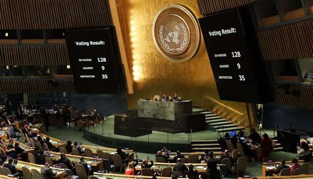 The voting results are displayed on the floor of the United Nations General Assembly in which the United States declaration of Jerusalem as Israel's capital was declared ,null and void,  in New York City