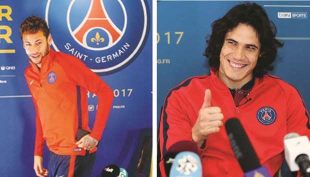 PSG stars Neymar (L) and Edinson Cavani react during their press conferences at the M?venpick Hotel Al Aziziyah Doha yesterday. PICTURES: Shemeer Rashid and AFP