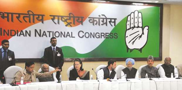 Congress president Rahul Gandhi is seen with party leaders Sonia Gandhi, Manmohan Singh and others during Congress Working Committee meeting in New Delhi yesterday.