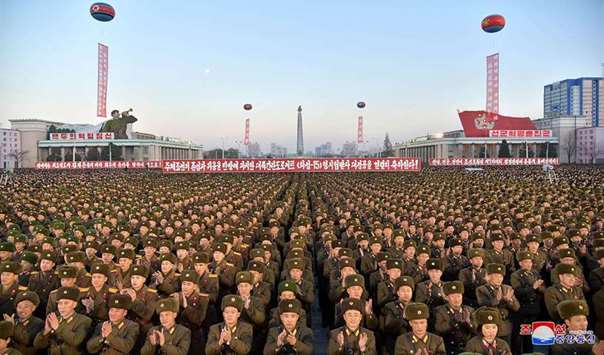 North Korean soldiers holding a rally to celebrate the Northu2019s declaration of full nuclear statehood.