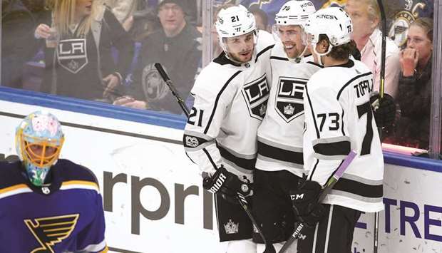 LA Kingsu2019 Tyler Toffoli (right) celebrates with teammates Tanner Pearson (second from right) and Nick Shore (second from left) after scoring a goal against St. Louis Blues during the NHL game in St. Louis, Missouri, on Friday. (USA TODAY Sports)