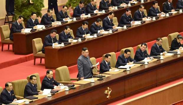 North Korean leader Kim Jong-un gives opening remarks at the 5th Conference of Cell Chairpersons of the Workers' Party of Korea