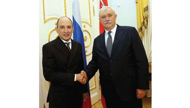 Al-Baker being welcomed in St Petersburg by Georgy Poltavchenko, the Russian cityu2019s governor. The first Qatar Airways flight from Doha to St Petersburg touched down at Pulkovo Airport on December 19.
