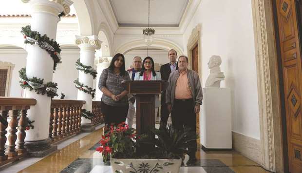 The president of Venezuelau2019s Constituent Assembly Delcy Rodriguez at a press conference after holding a meeting with the Truth Commission, at the Foreign Ministry in Caracas yesterday.