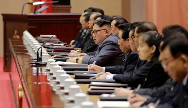 North Korean leader Kim Jong-Un (C) speaking during the second day of the 5th Conference of Cell Chairpersons of the Workers' Party of Korea (WPK) in Pyongyang