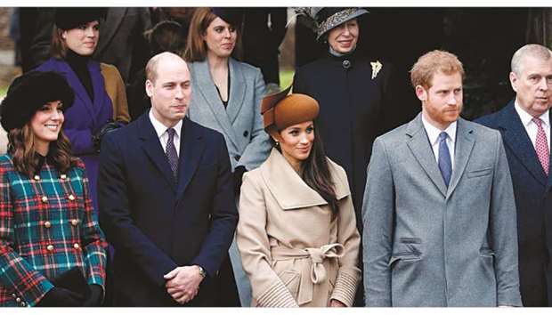 Catherine, Duchess of Cambridge, and Prince William, Duke of Cambridge, US actress and fiancee of Prince Harry Meghan Markle and Prince Harry stand together as they wait to see off Queen Elizabeth II after attending the royal familyu2019s traditional Christmas Day church service at St Mary Magdalene Church in Sandringham, Norfolk, eastern England, yesterday.