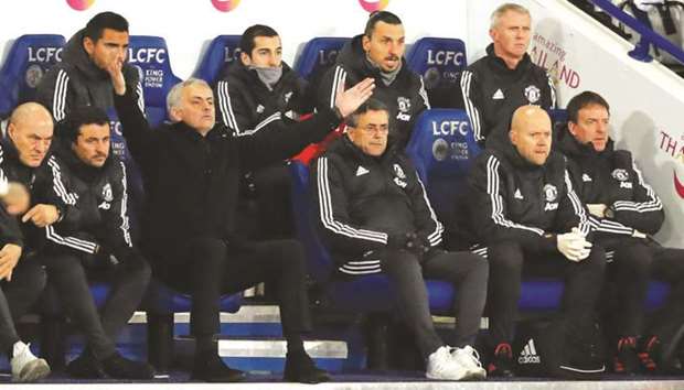 Manager Jose Mourinho (centre) accused some of his Manchester United players of making u2018childish decisionsu2019 in the final minutes of the draw with Leicester. (Reuters)
