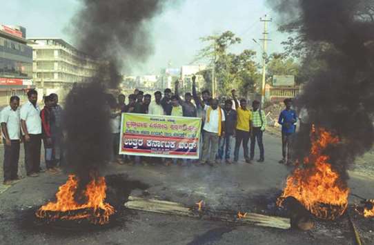 Farmers stage a demonstration in connection with the Mhadei water project in Belagavi, Karnataka, yesterday.