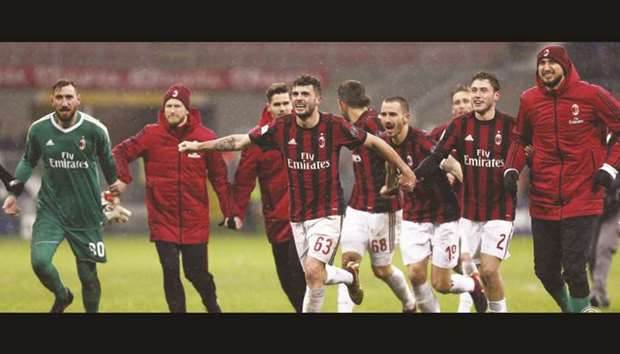 AC Milan teenager Patrick Cutrone (centre) scored a sensational extra-time goal to dump inter Milan out of the Italian Cup on Wednesday night and book a semi-final showdown with Lazio.