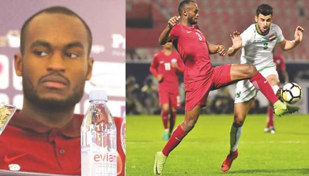 Abdulkareem Hassan at the press conference in Kuwait City yesterday.  RIGHT: Qataru2019s defender Abdulkareem Hassan (left) vies for the ball with Iraqu2019s Ayman Hussein Ghadhban during their Gulf Cup group match at Al Kuwait Sports Club Stadium in Kuwait City on Tuesday. (AFP)